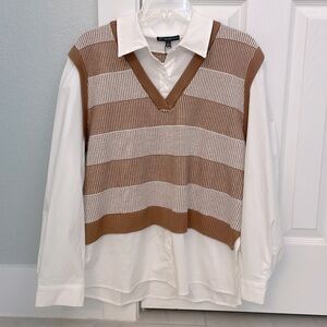 Brown and White Striped Sweater Vest with White Shirt